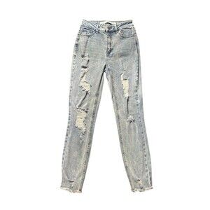 Tinseltown Womens 1 Mom Jeans Blue High Rise Distressed Hem Denim EUC
